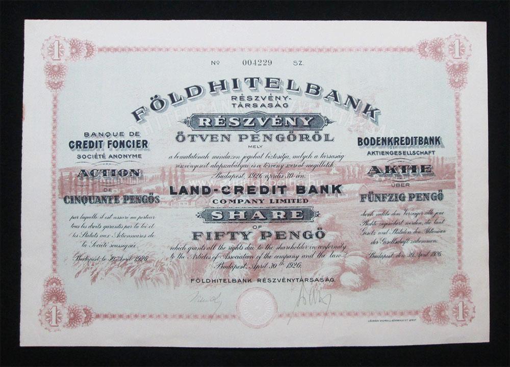 Földhitelbank Részvénytársaság részvény 50 pengõ 1926